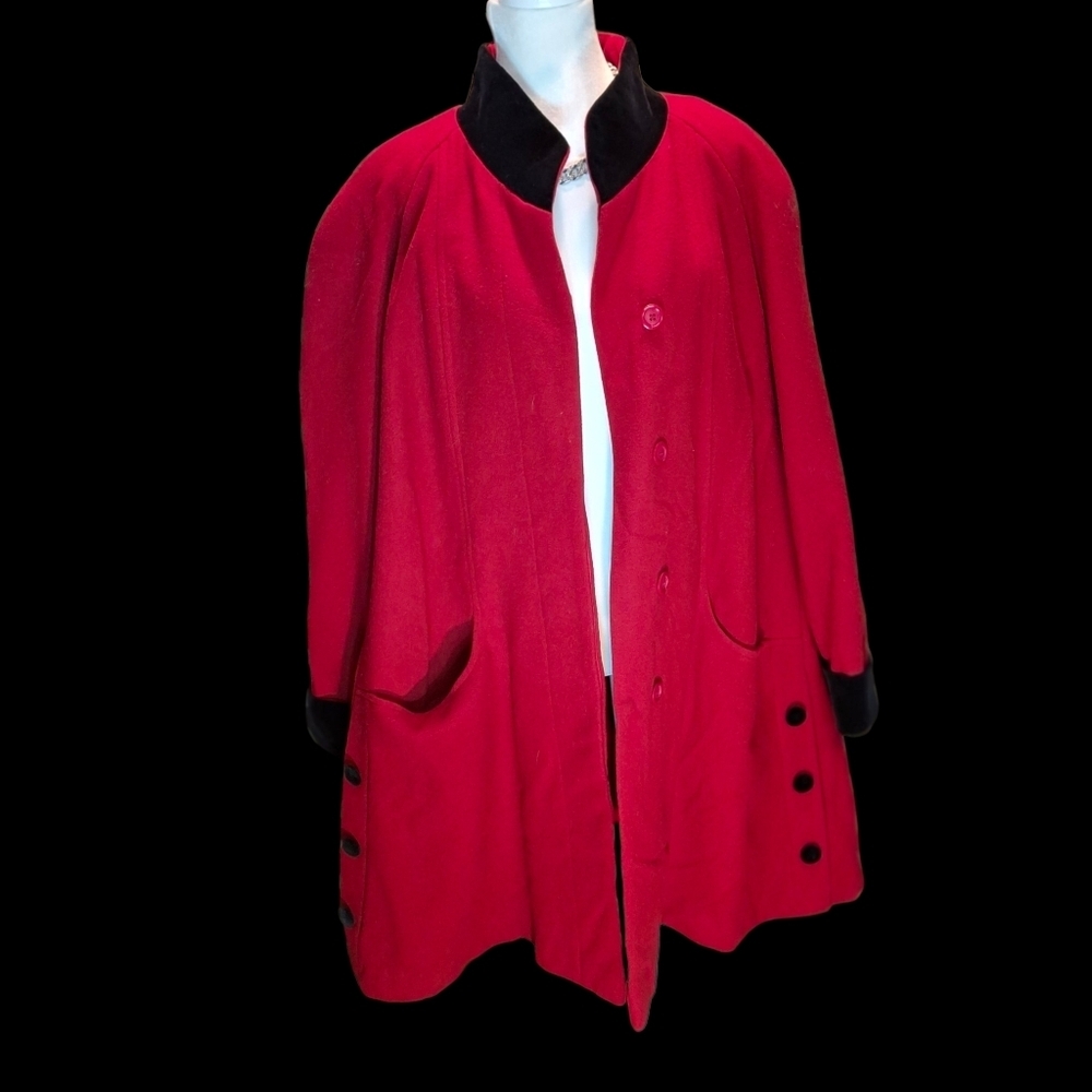 Herman Kay Red Wool and Black Velvet Trim Coat Vintage Women Size 16 - Picture 8 of 16